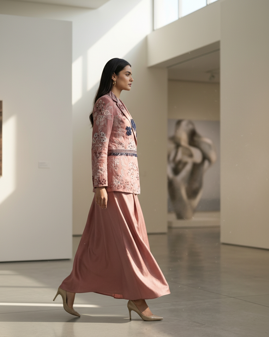 Dusky rose embroidered jacket set