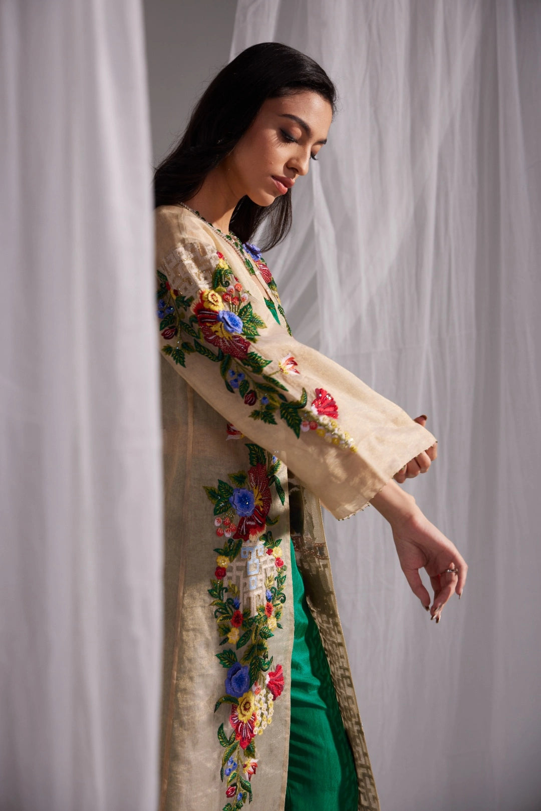 Golden Organza Jewel Embroidered Jacket Set
