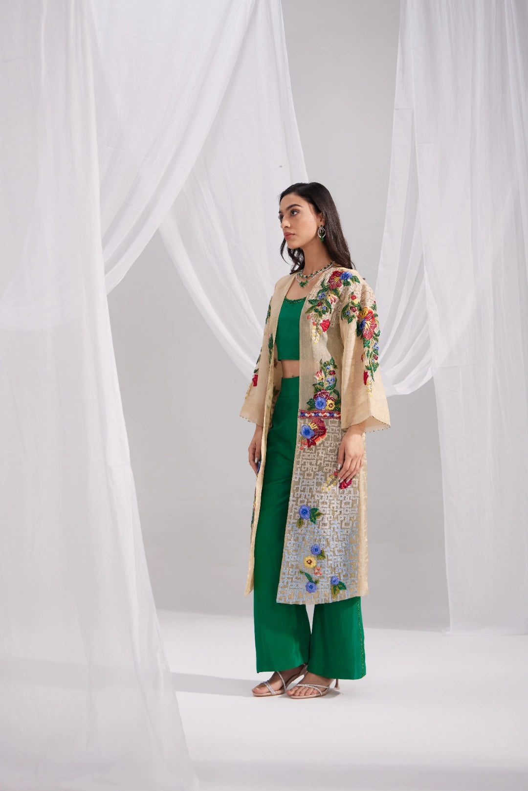 Golden Organza Jewel Embroidered Jacket Set