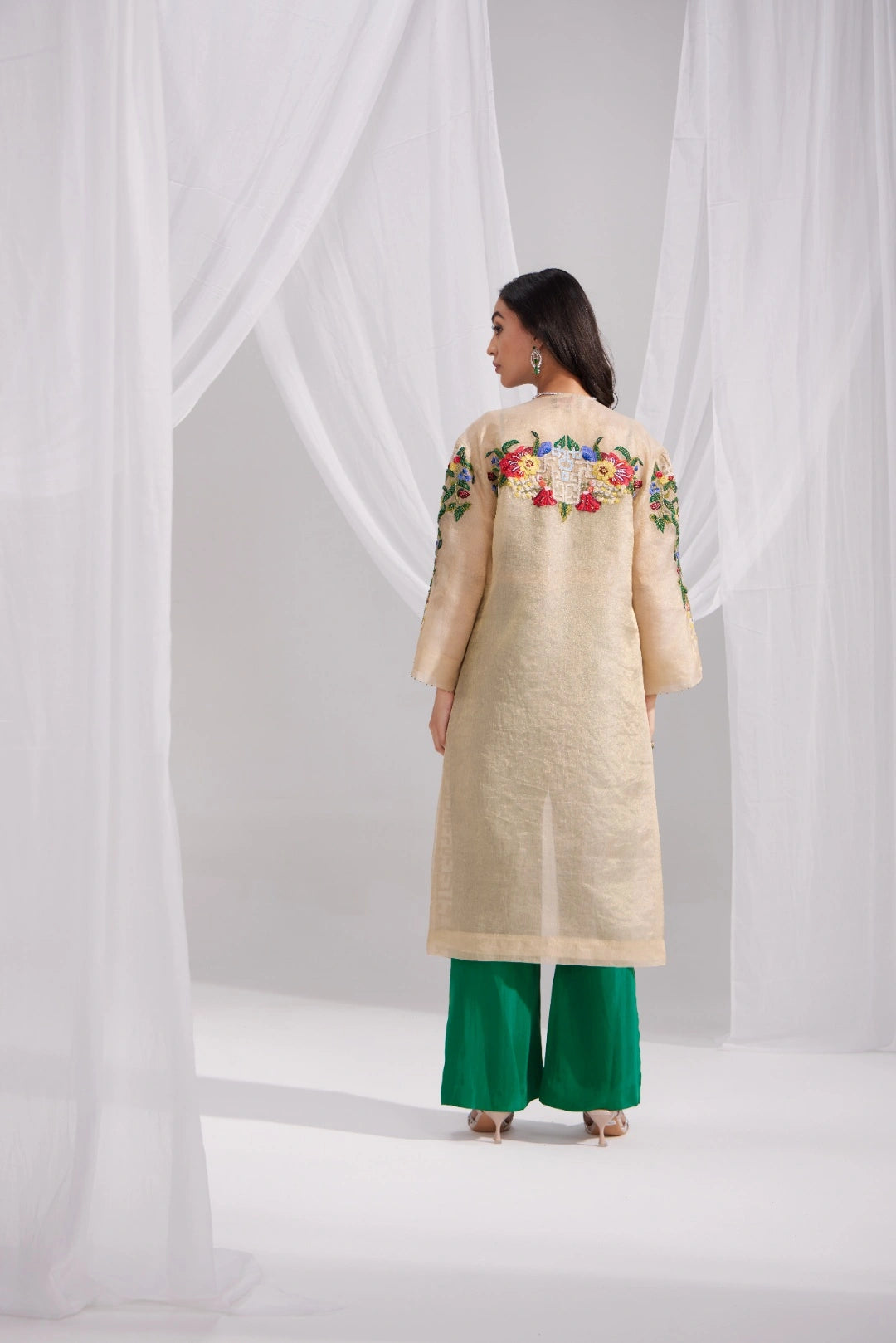 Golden Organza Jewel Embroidered Jacket Set