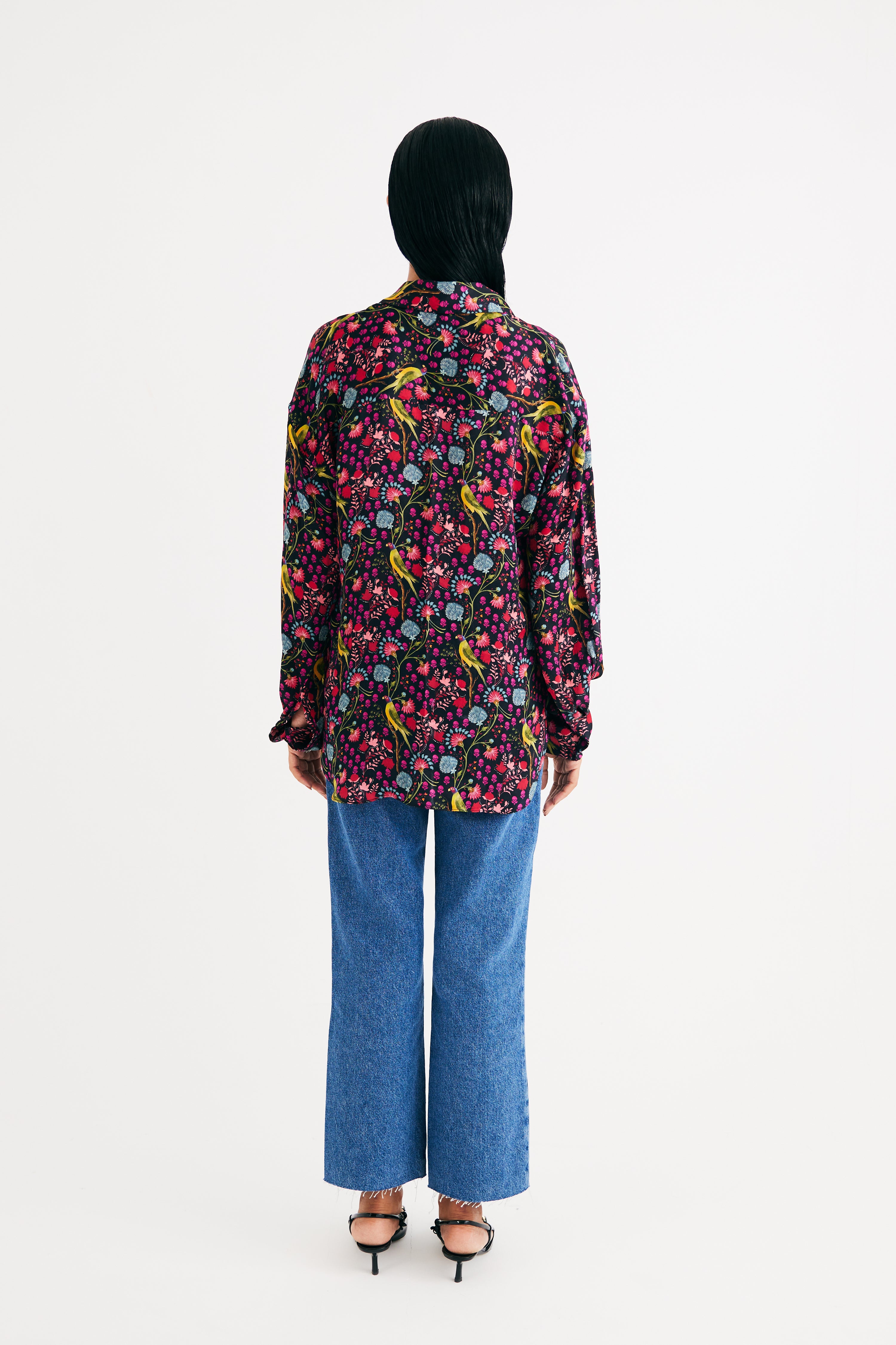 Black Parrot Print Silk Shirt