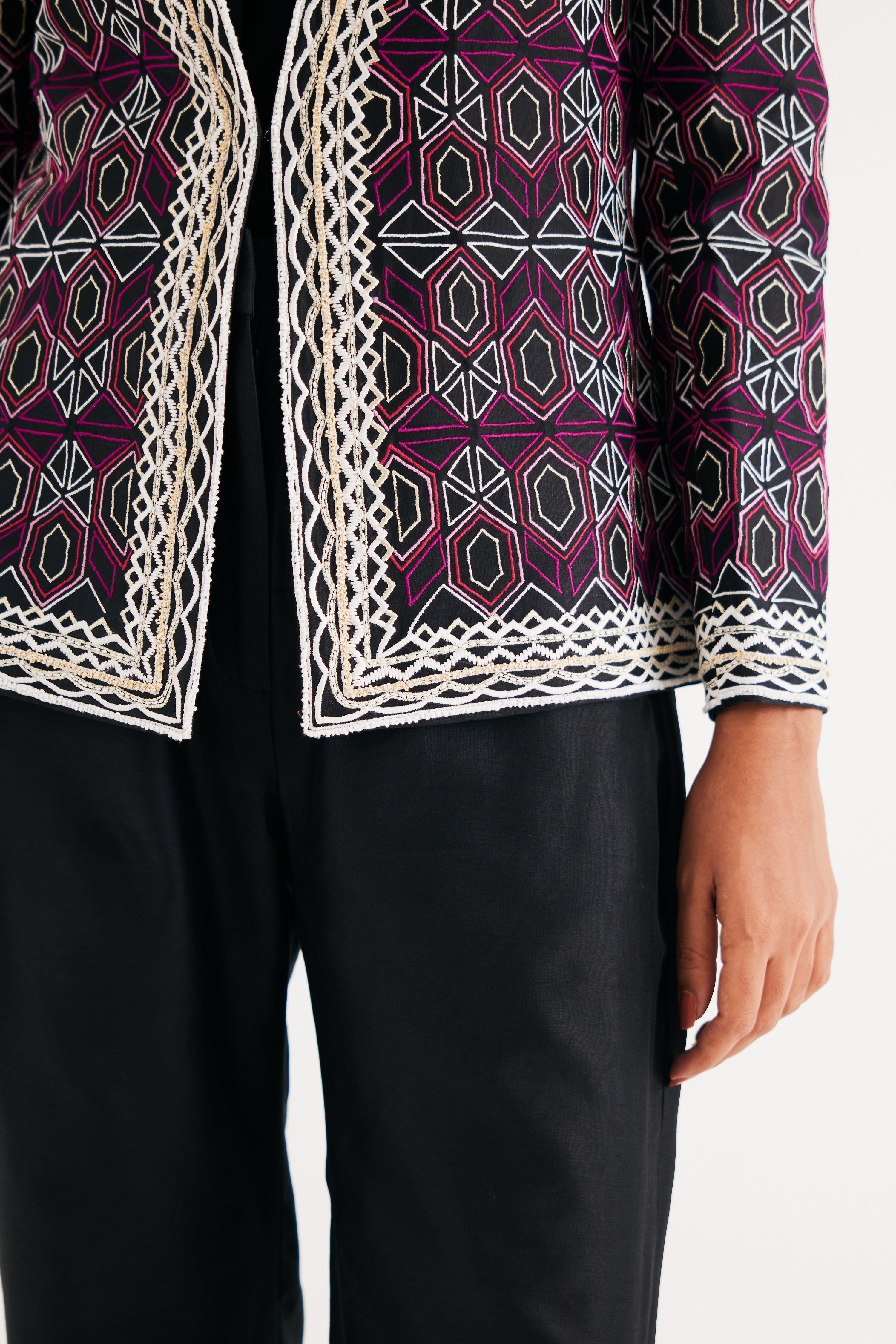 Black and Pink Mughal Jaal Jacket & Pant Set