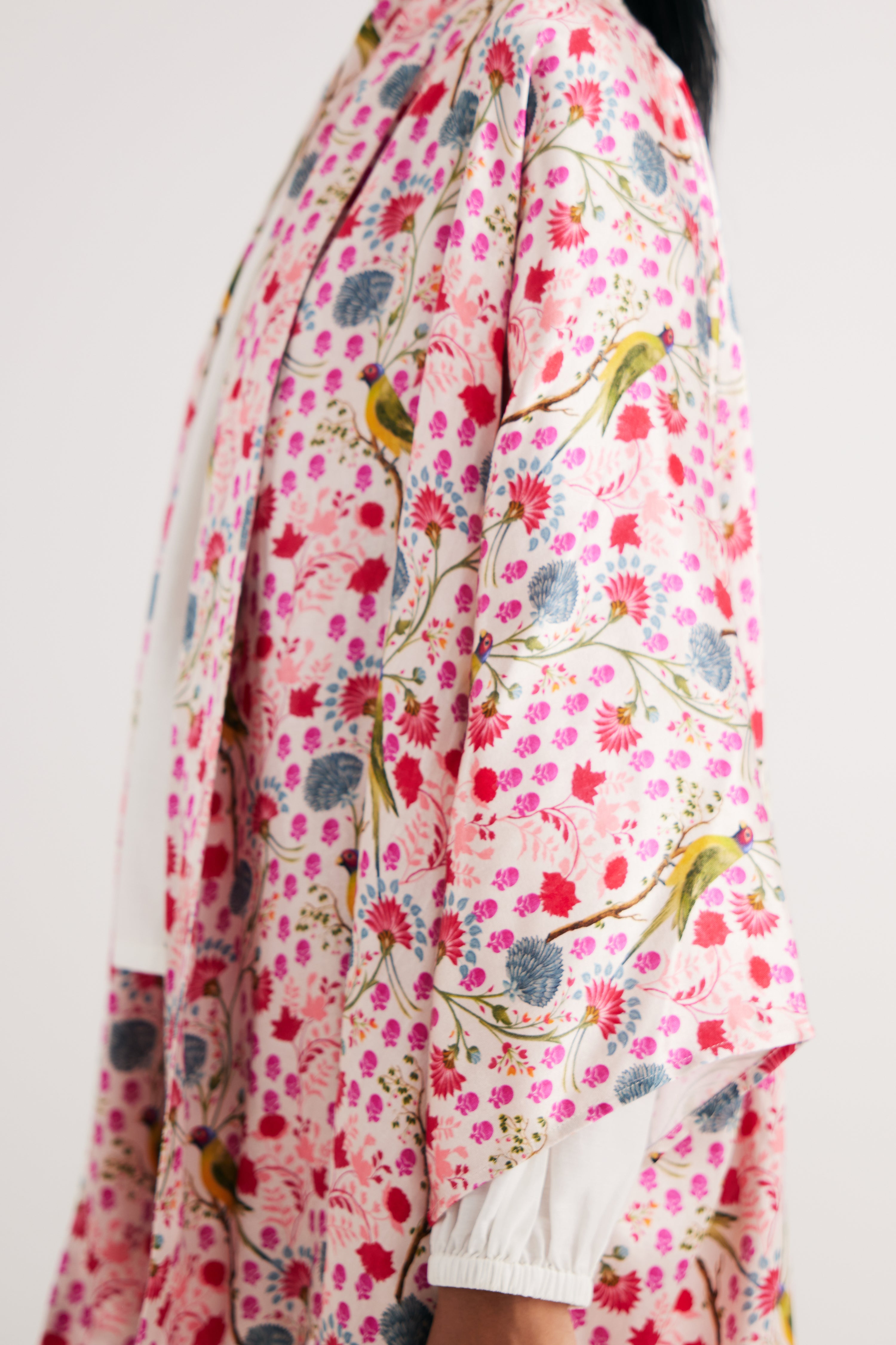 White Parrot Print Mashroo Satin Cape & Pant Set