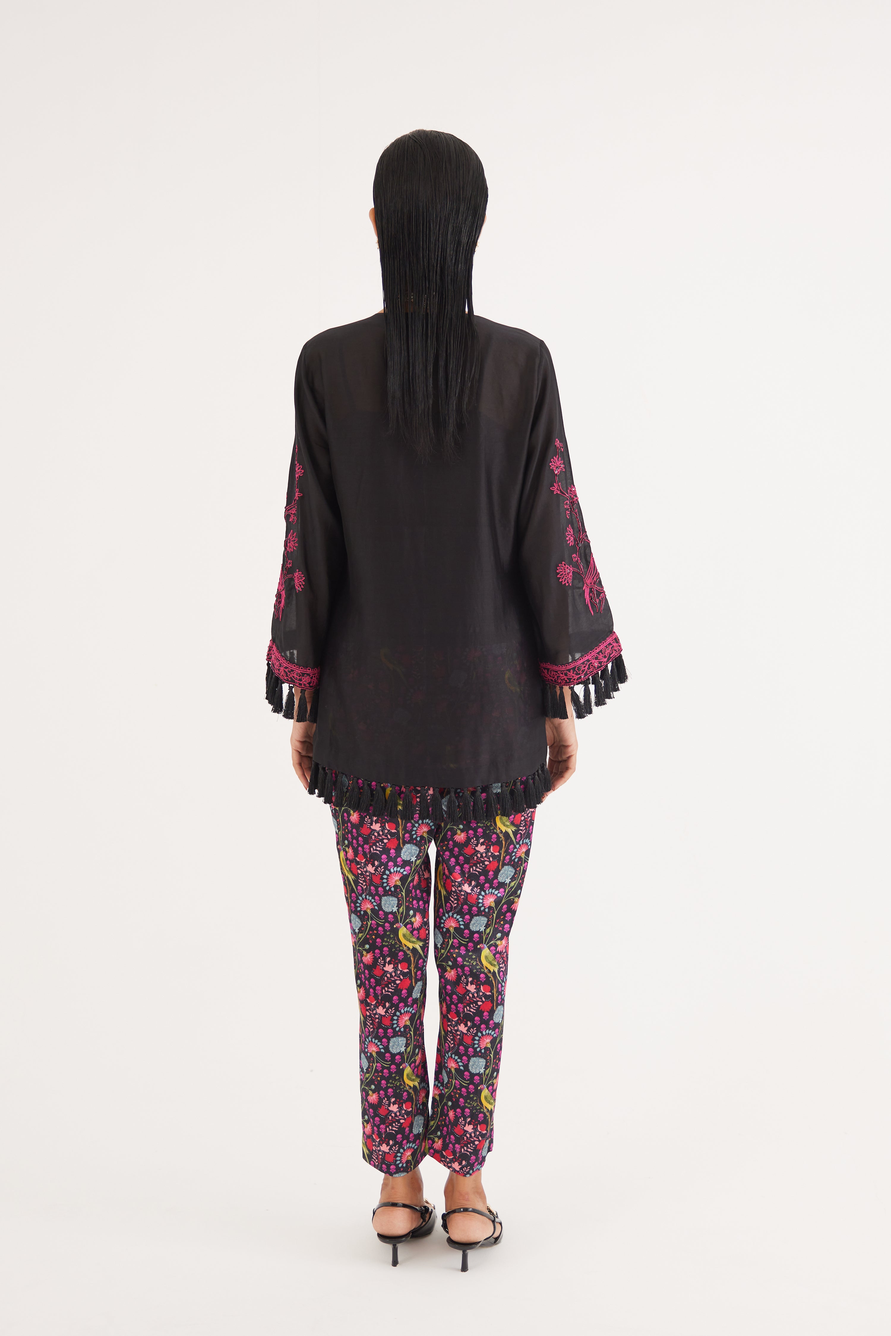 Black Silk Chanderi Embroidered Kurta and Black Mashroo Parrot Print Pant Set