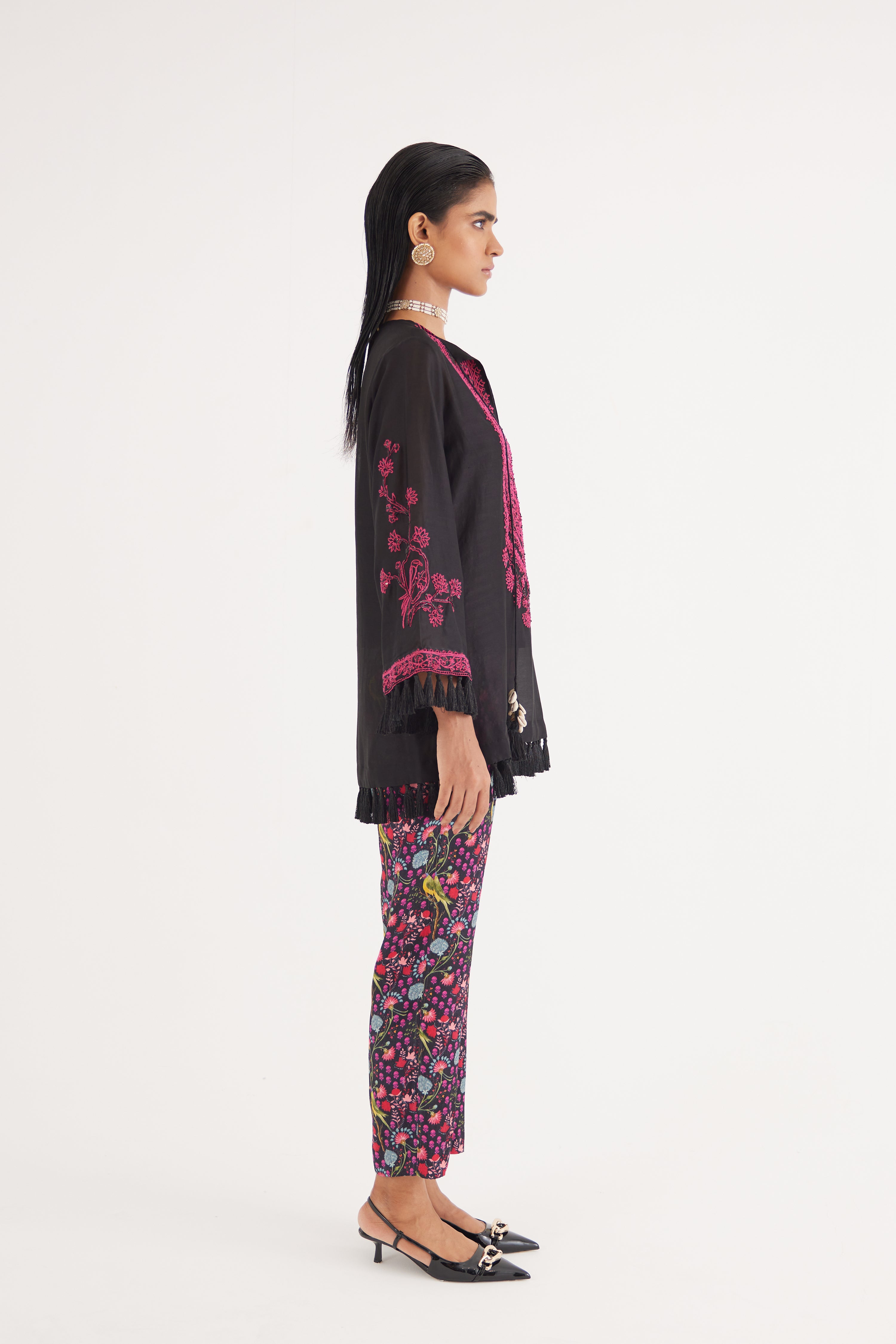 Black Silk Chanderi Embroidered Kurta and Black Mashroo Parrot Print Pant Set