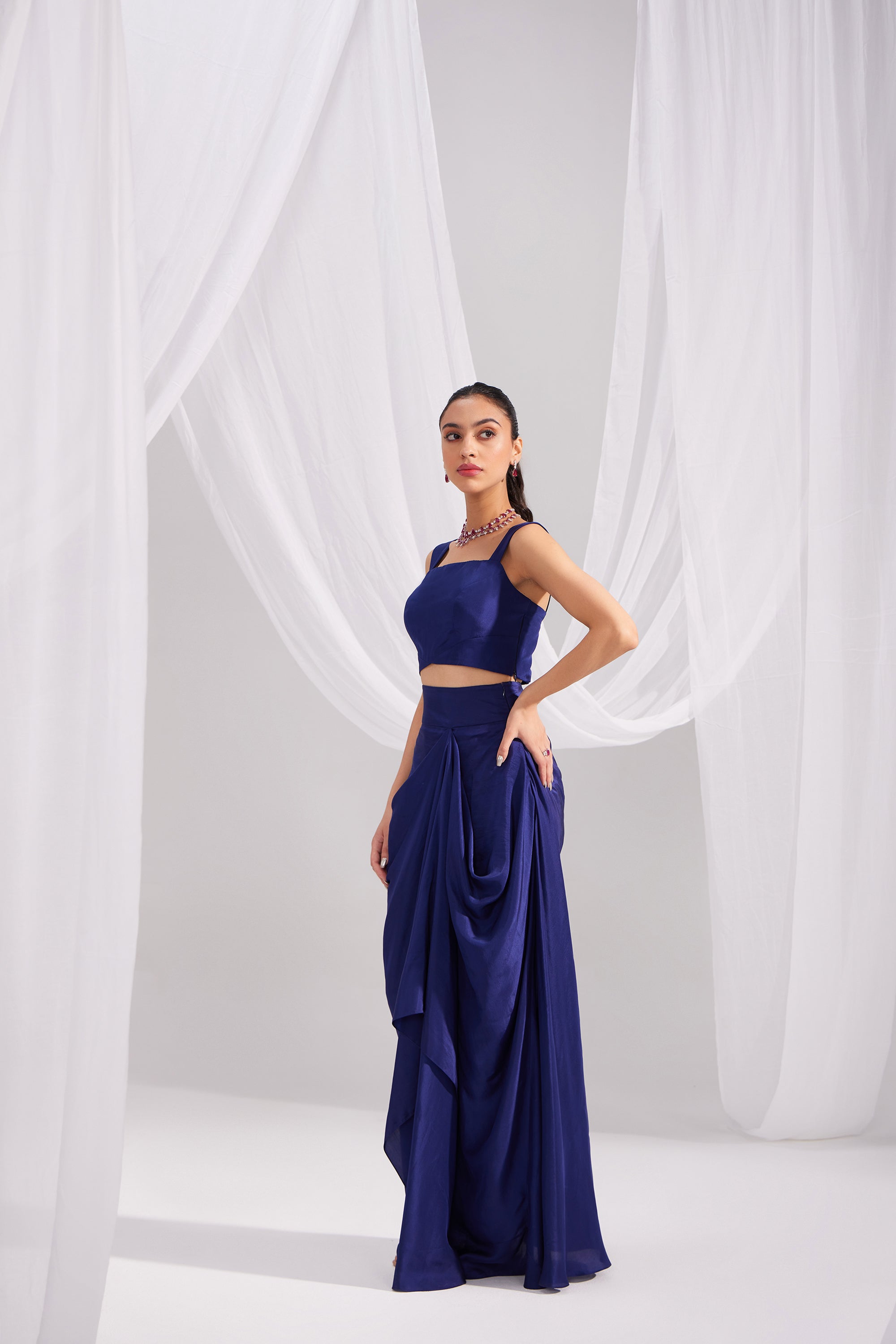 Midnight Blue Silk Bustier & Draped Skirt Set