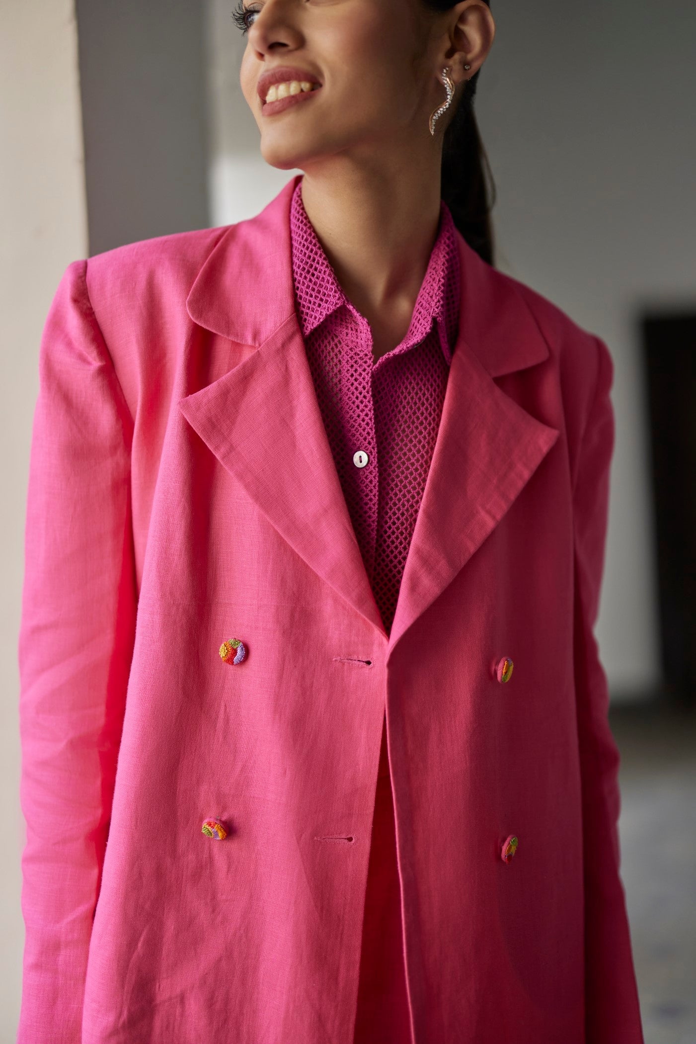 Pink Coronation Linen Jacket Set, Front open with double breasted style, Jacket has four handmade colourful hand embroidered buttons, BeTrue, Be True