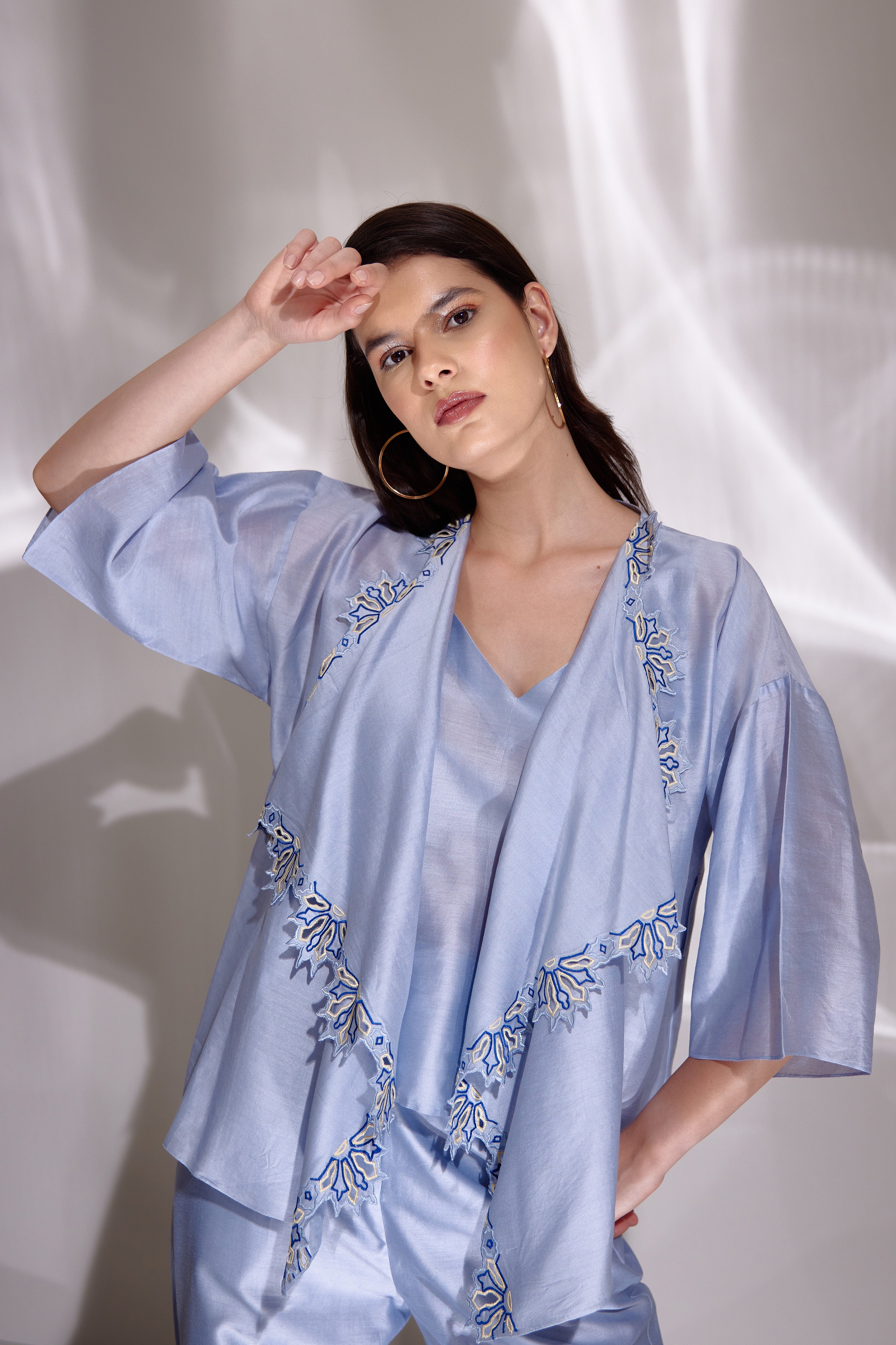 Sky Blue Chanderi Silk Embroidered Shacket Set